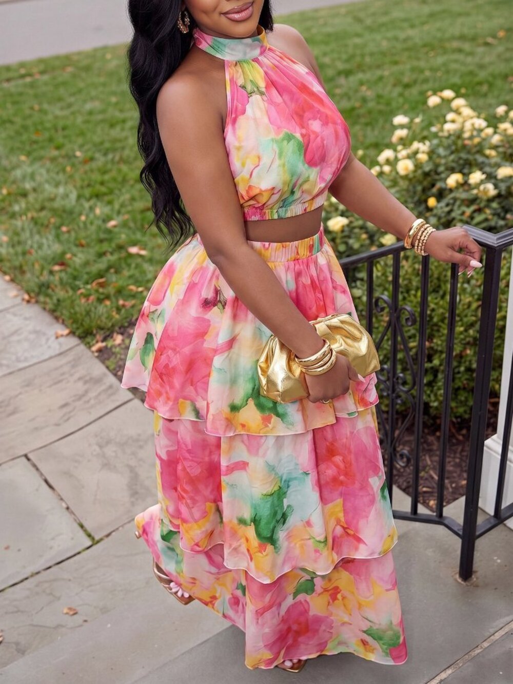 Multicolor Boho Women's Floral Vacation Set Camisole Top and Maxi Skirt